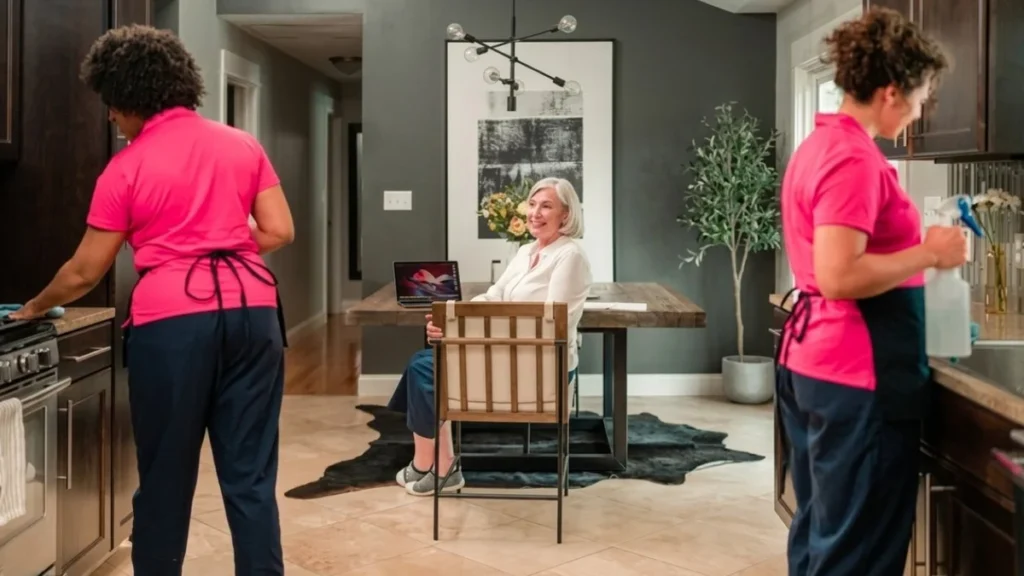 Senior woman relaxing at home while Vilarinho cleaning team works in the kitchen, cleaning service for seniors in NJ