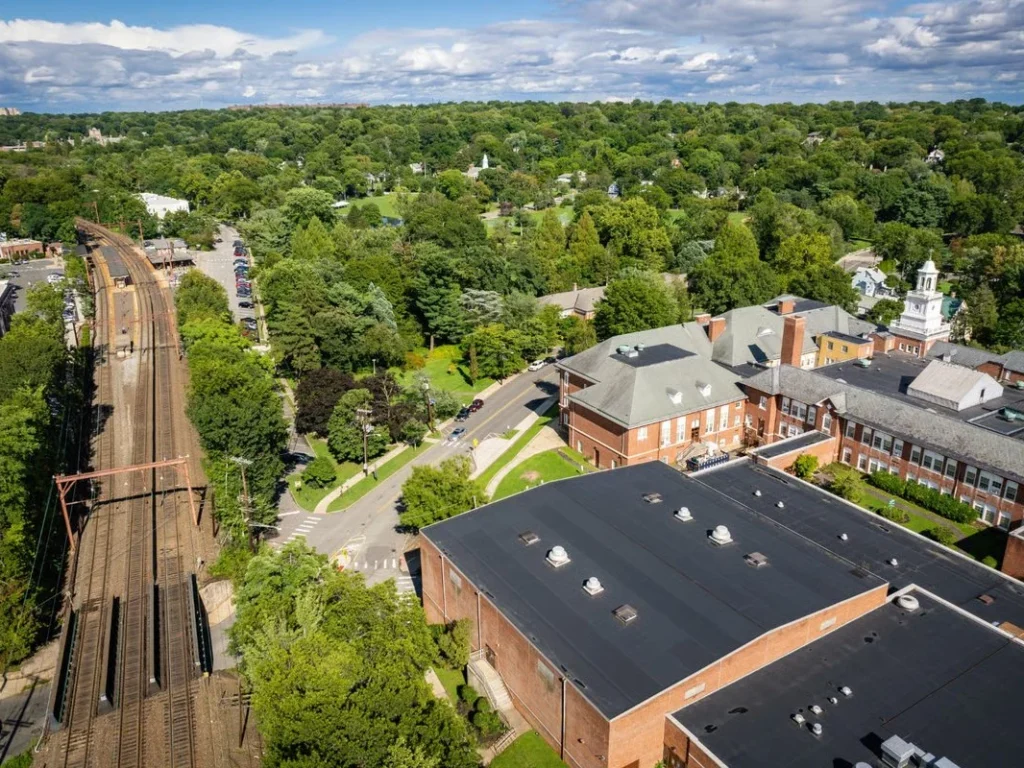 Aerial view of Maplewood NJ near the Midtown Direct train station — residential neighborhood served by Vilarinho Cleaning Services LLC