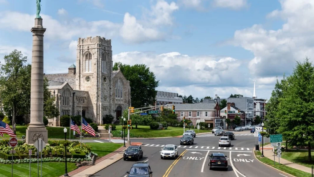 Spring cleaning service in Westfield NJ, downtown view with spring trees in bloom