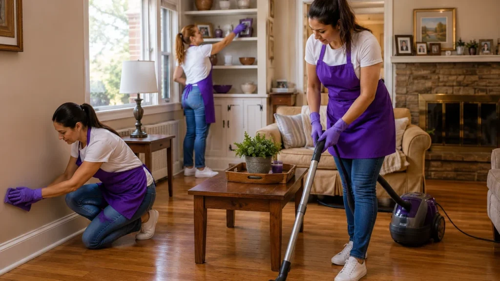 Three house cleaners in purple aprons vacuuming, dusting shelves and cleaning baseboards in a North Plainfield NJ living room — Vilarinho Cleaning Services