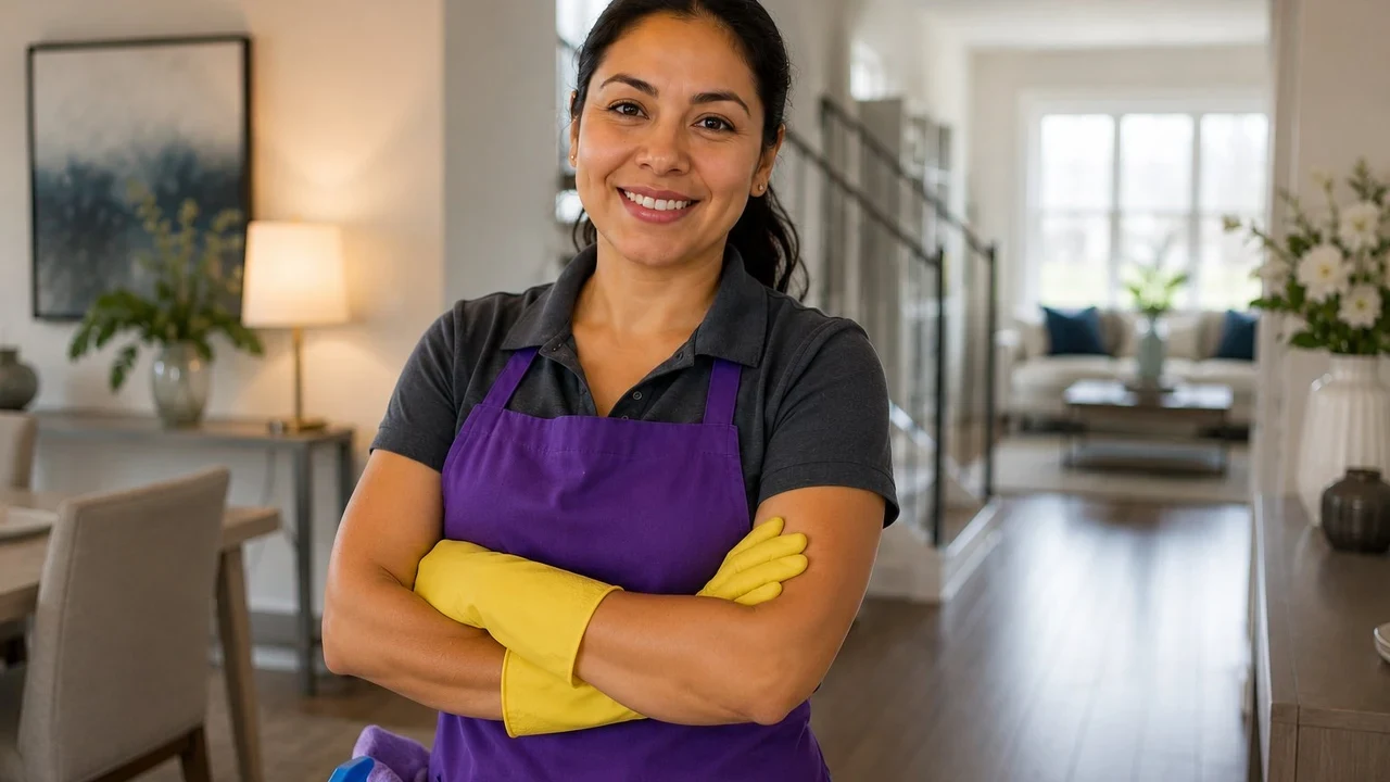 How to choose a cleaning service in NJ — professional cleaner in purple apron in New Jersey home by Vilarinho