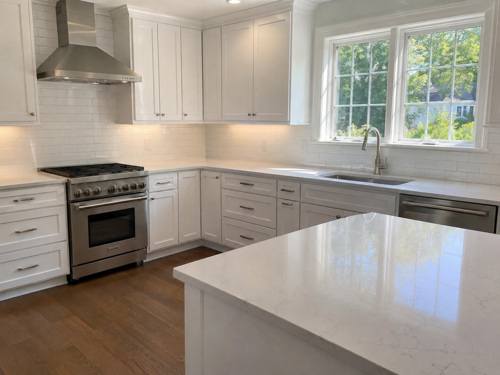 Bright white kitchen after professional post-construction cleaning