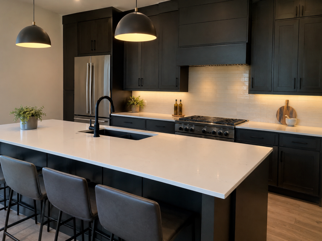 Kitchen remodel cleanup of new dark cabinets and a white quartz island