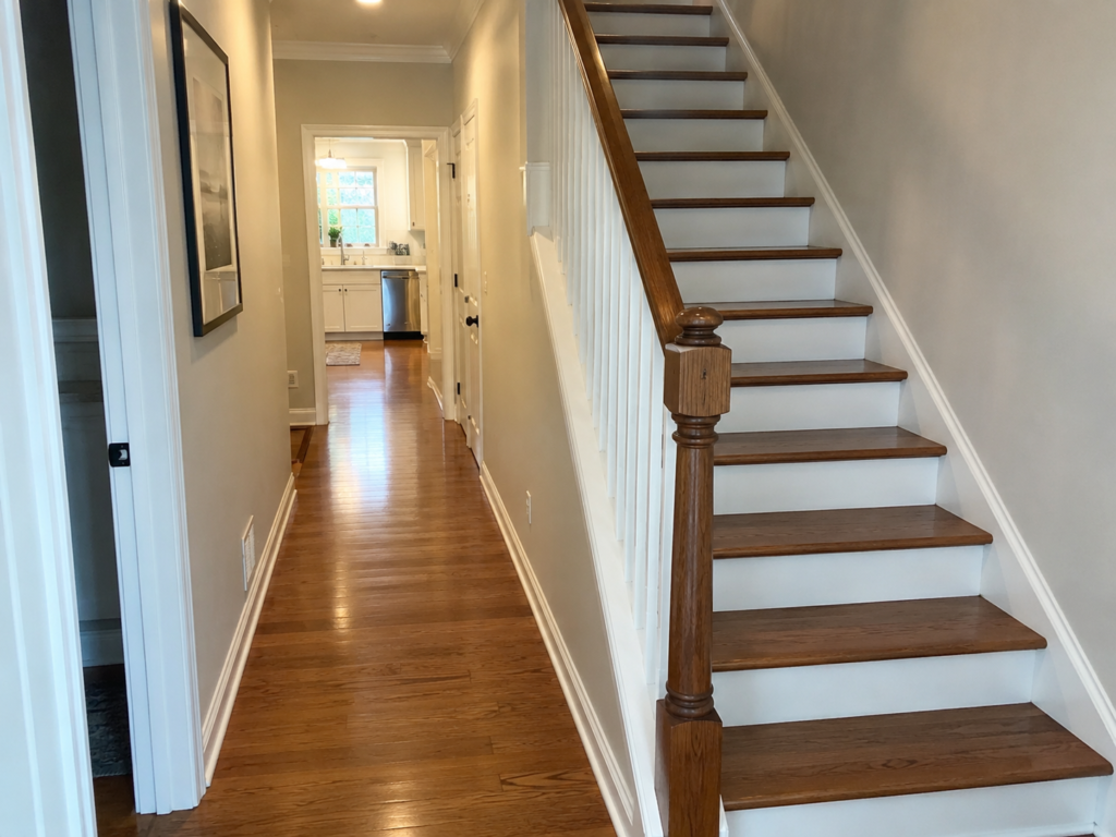 Hardwood floor cleaning in a bright hallway with wooden stairs