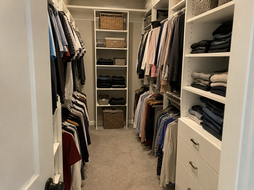 Organized walk-in closet as part of a bedroom cleaning checklist